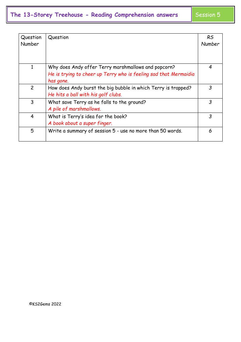 The 13-Storey Treehouse - Session 5 - Reading Comprehension answers