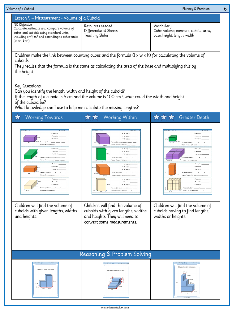 Perimeter, Area and Volume - Volume of a Cuboid - Worksheet