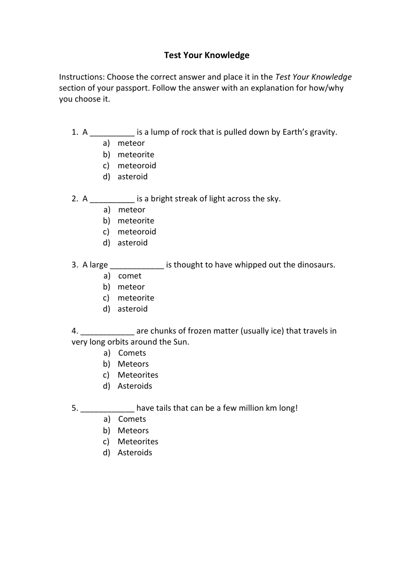 Asteroids, Comets and Meteors - Test Your Knowledge