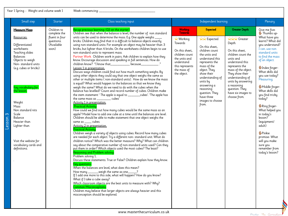 Weight and volume - Measure mass - Planning