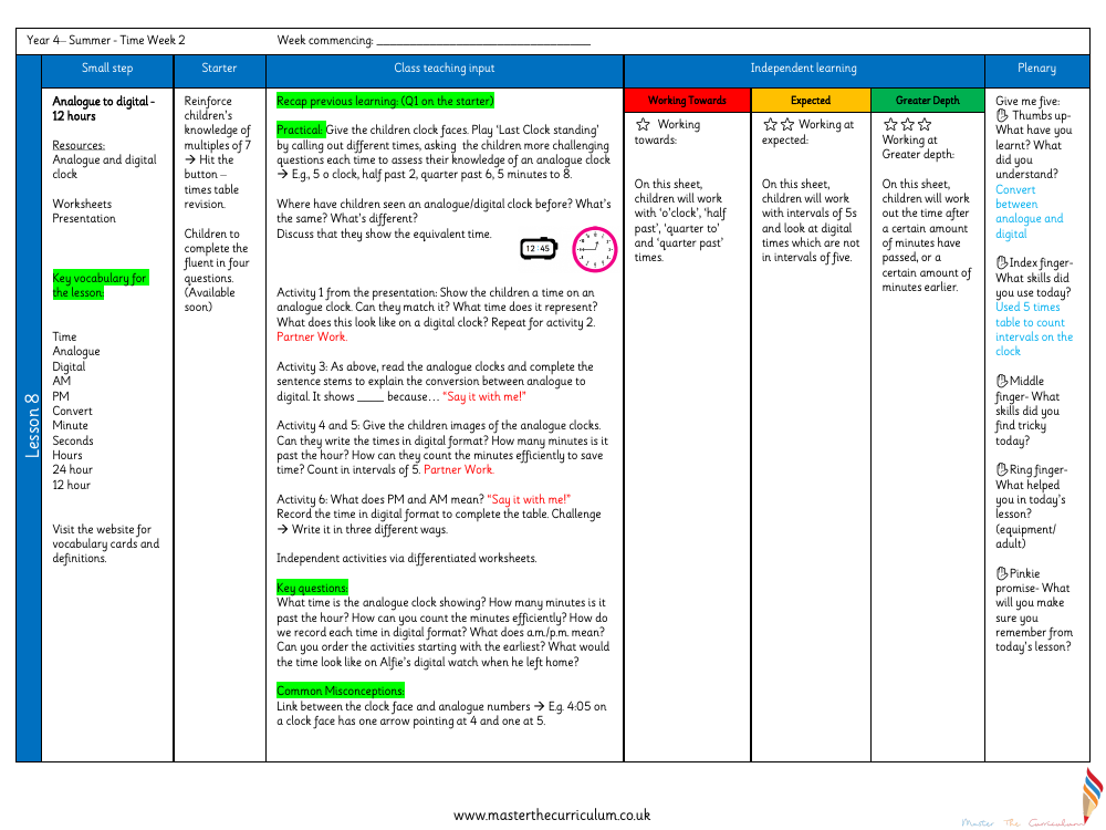 Time - Analogue to Digital 12 hour- Planning