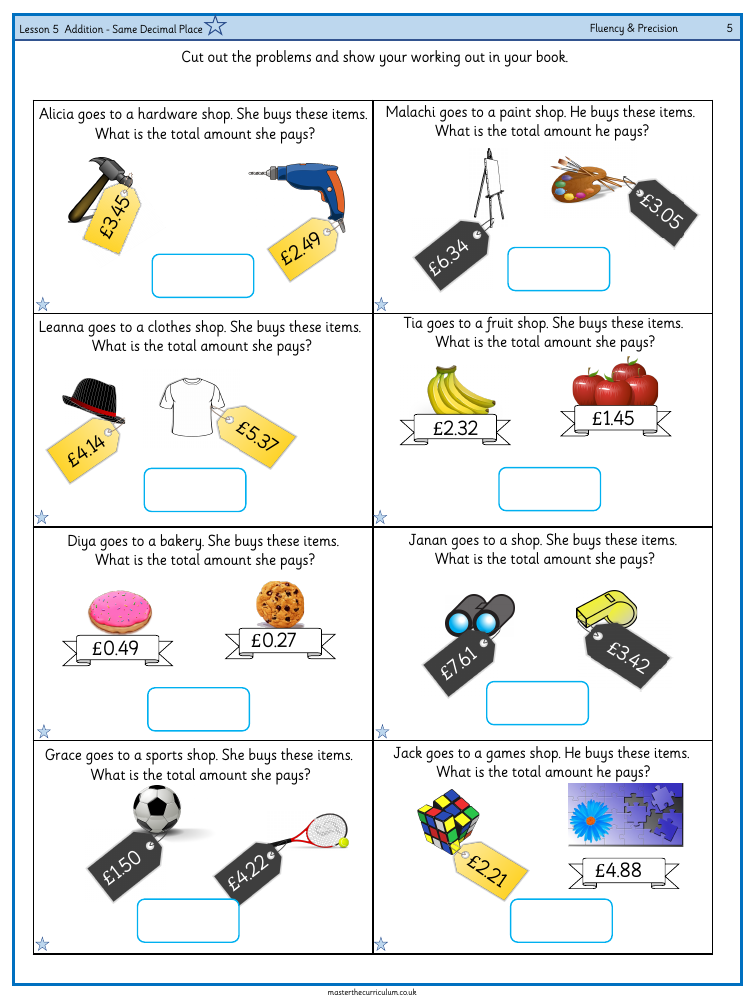 Decimals - Adding Decimals with the same number of Decimal Places - Worksheet