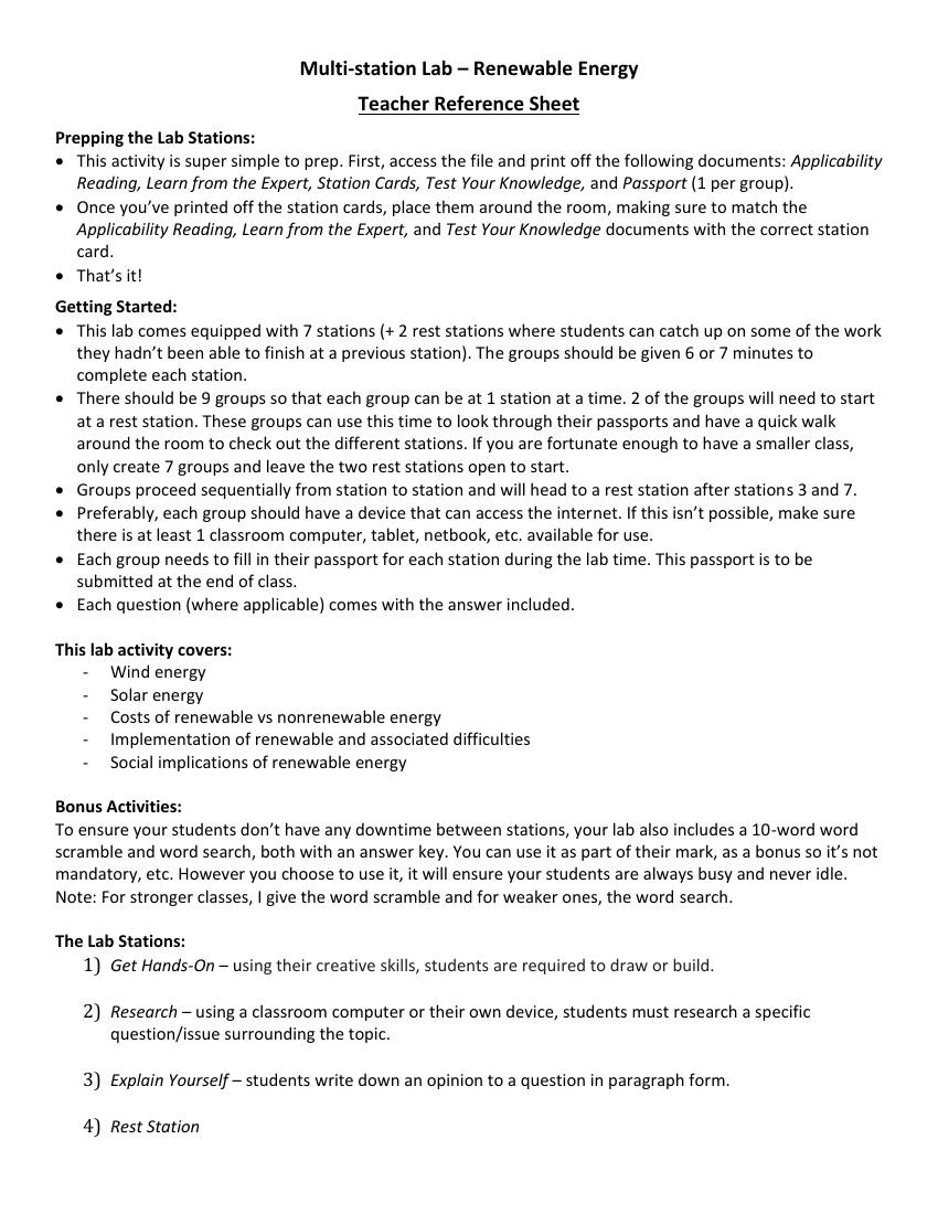 Renewable Energy - Activity Instructions