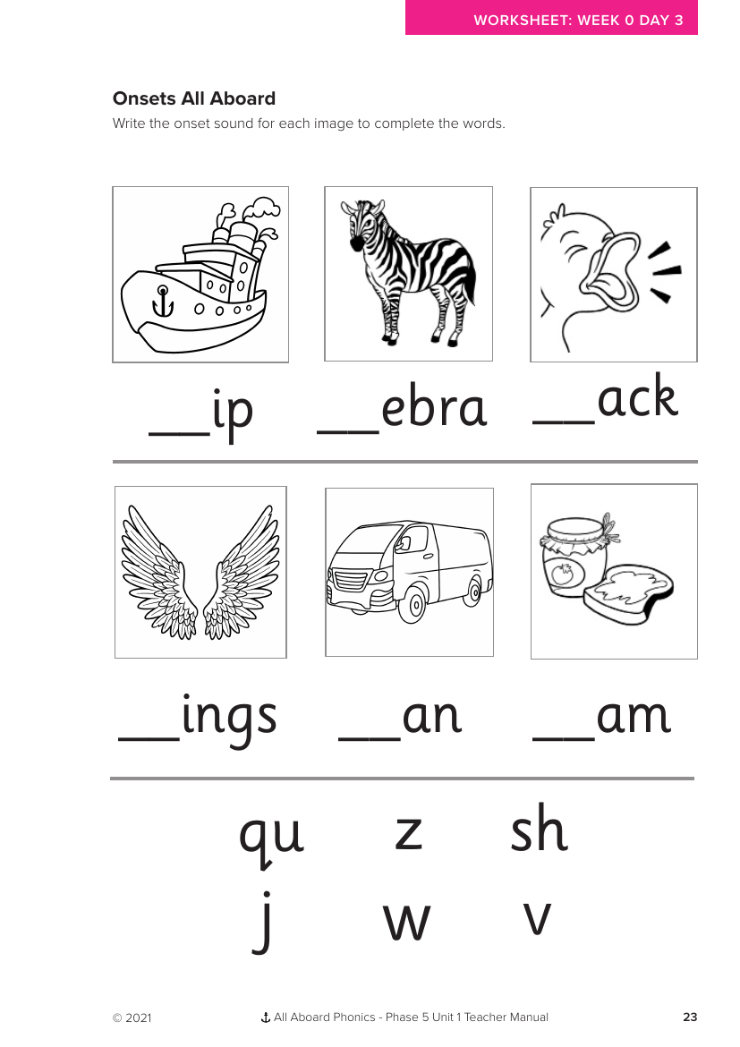 Week 0, lesson 3 Onsets All Aboard - Phonics Phase 5, unit 1 - Worksheet