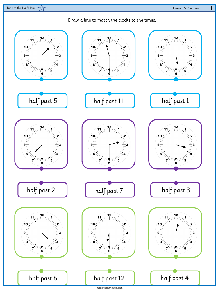 Time - Time to the half hour - Worksheet