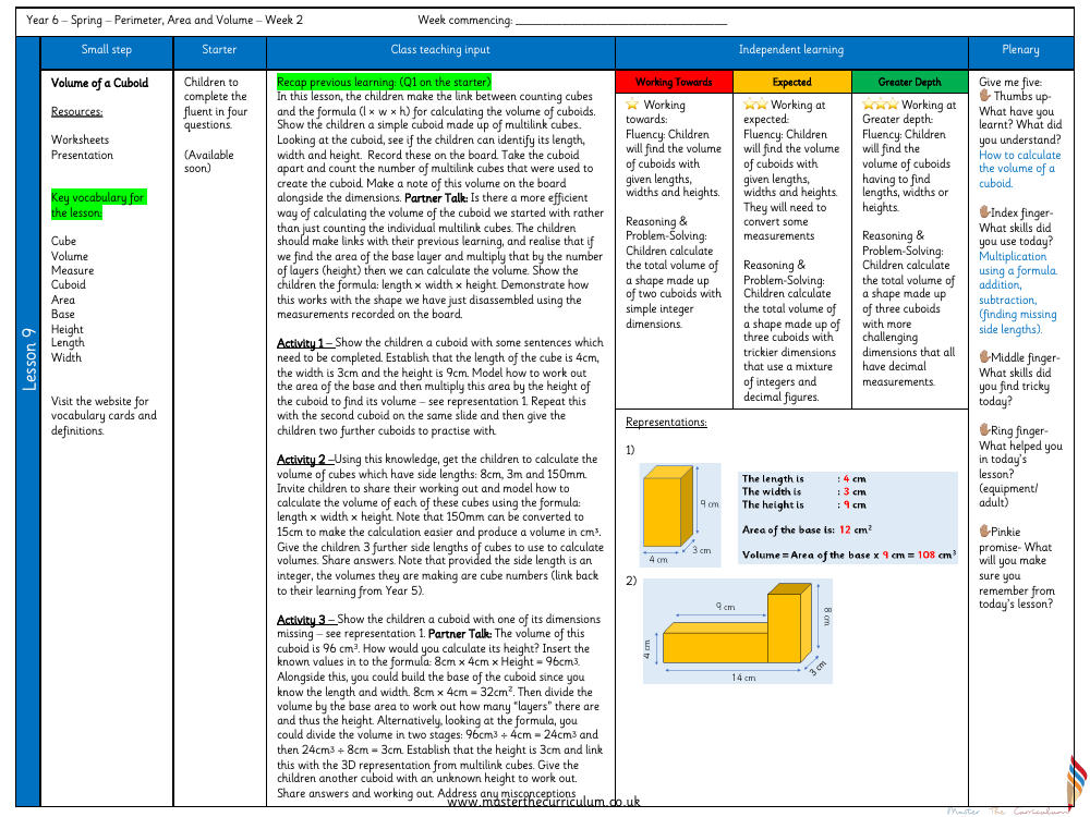 Perimeter, Area and Volume - Volume of a Cuboid - Planning