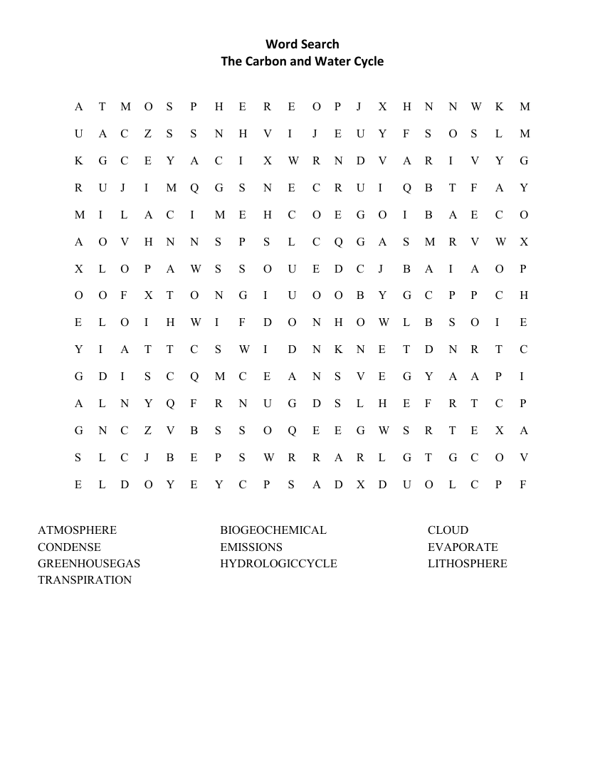 The Carbon and Water Cycle - Word Search