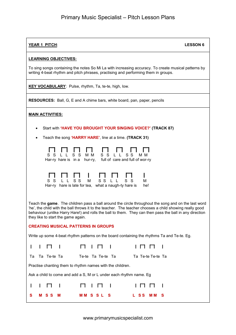 Pitch Lesson Plan - Year 1 Lesson 6