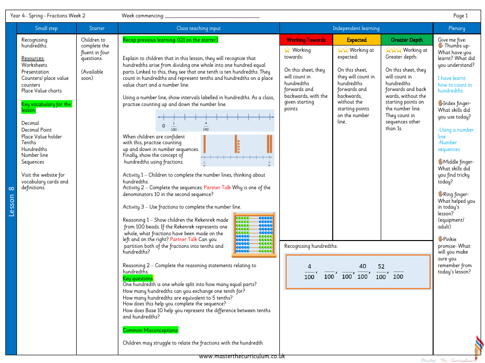 Decimals -  Recognizing Hundredths - Planning