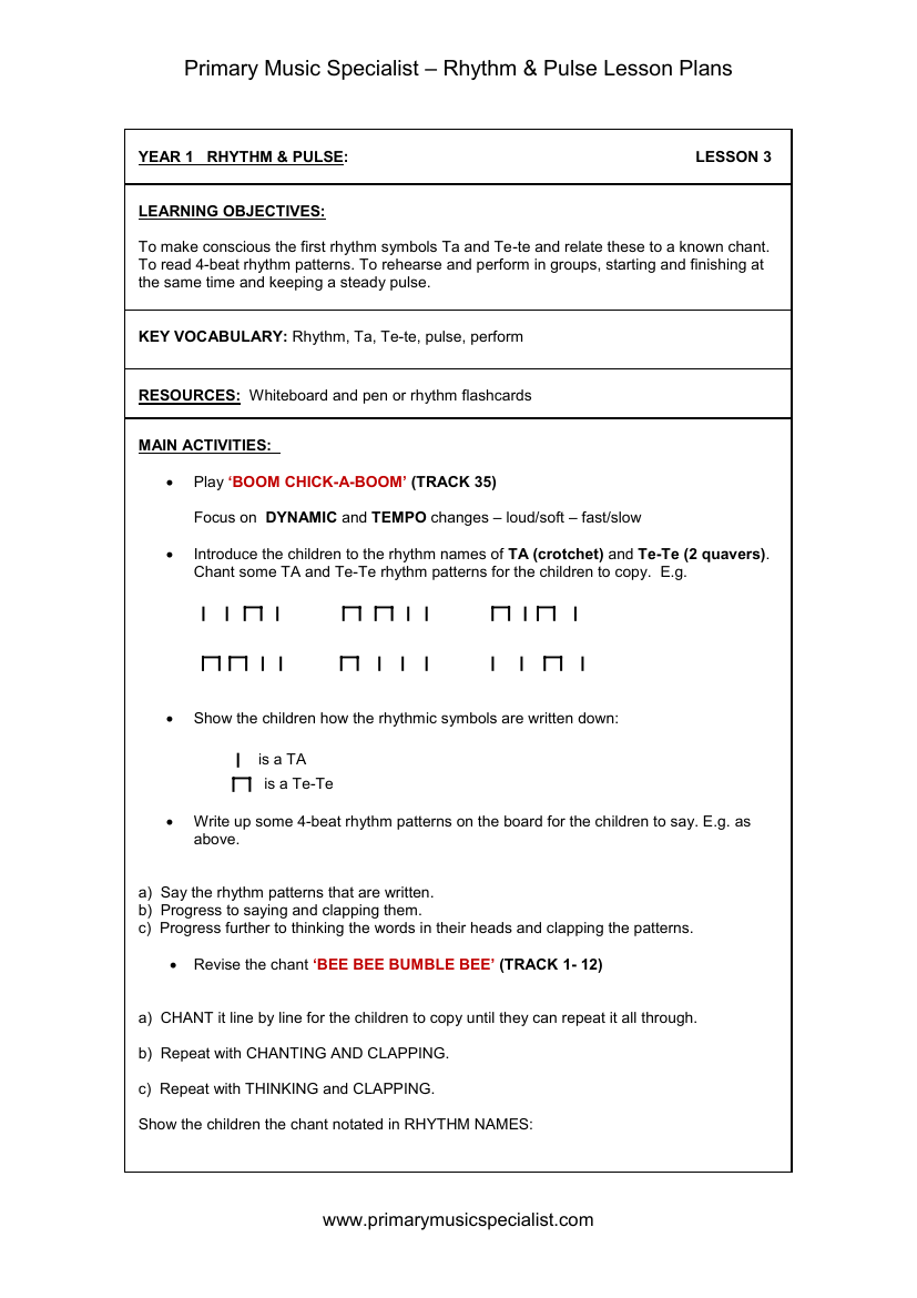 Rhythm and Pulse Lesson Plan - Year 1 Lesson 3