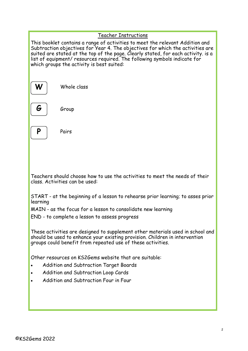 Addition and Subtraction teacher instructions