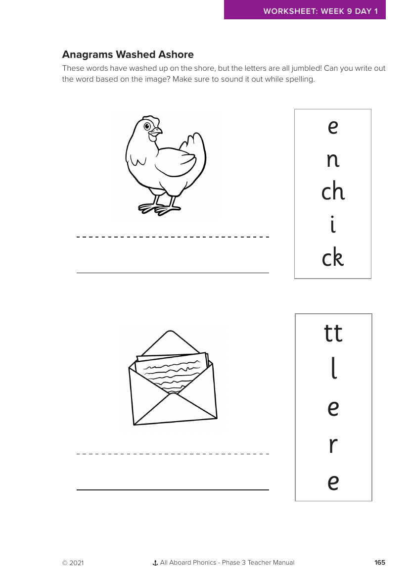 Week 9, lesson 1 Anagrams Washed Ashore writing activity - Phonics Phase 3,  - Worksheet