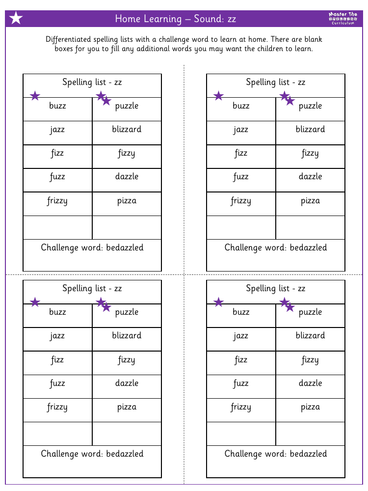 Spelling - Home learning - Sound zz