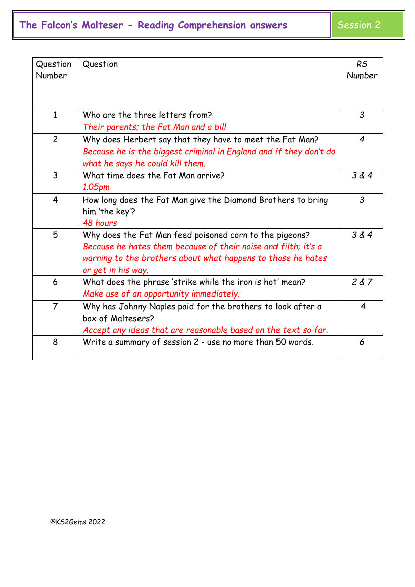 The Falcon's Malteser - Session 2 - Reading Comprehension answers