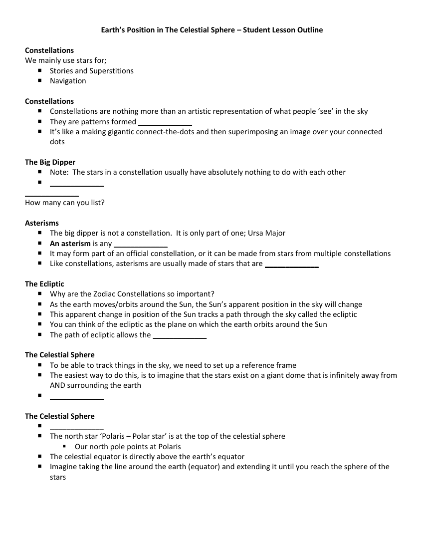 Earth’s Position In The Celestial Sphere - Student Lesson Outline