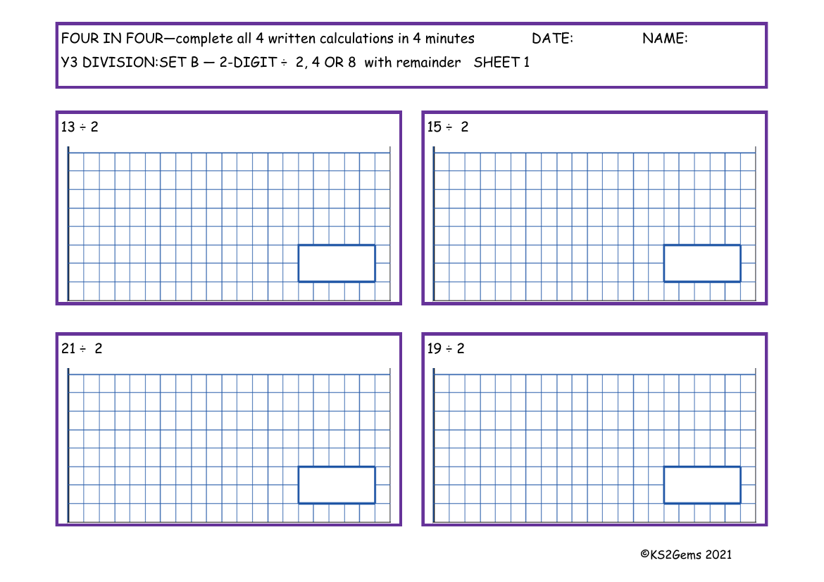 Four in Four - Division Set B 2 digit number 2, 4 or 8 with remainder