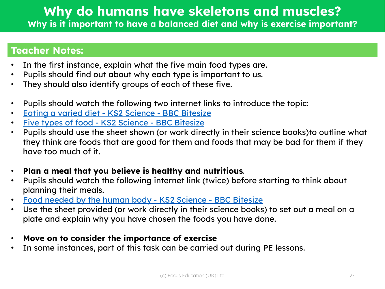 Why is it important to have a balanced diet and why is exercise important? - Teacher notes