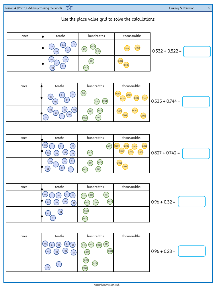 Decimals - Adding Decimals (Crossing the Whole) (1) - Worksheet