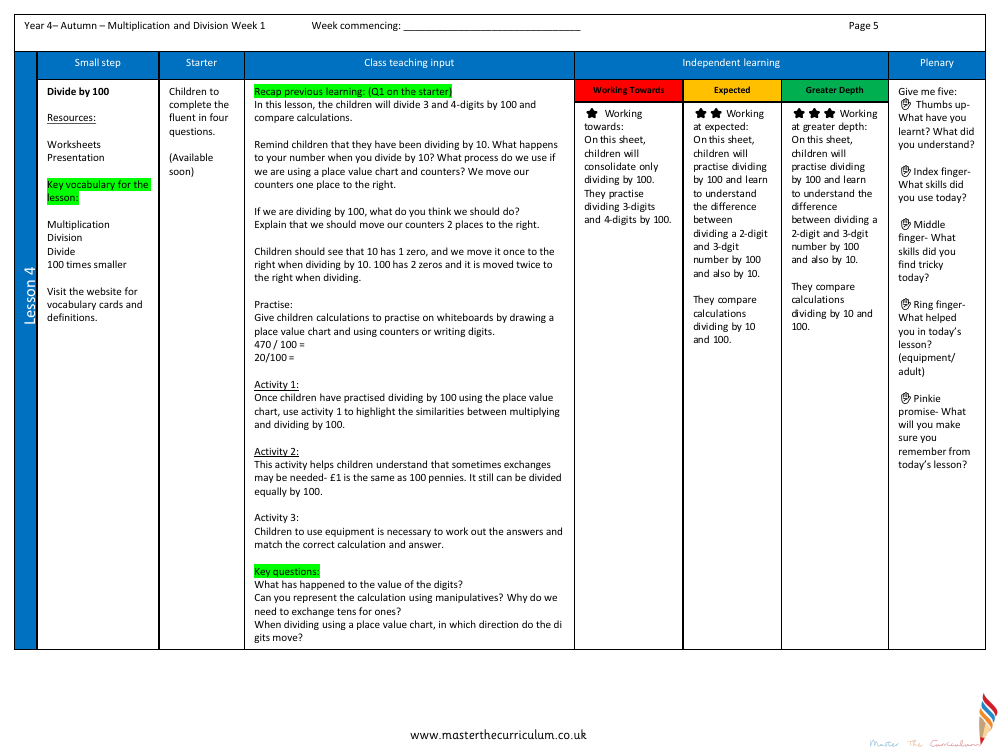 Multiplication and Division - Divide by 100 - Planning