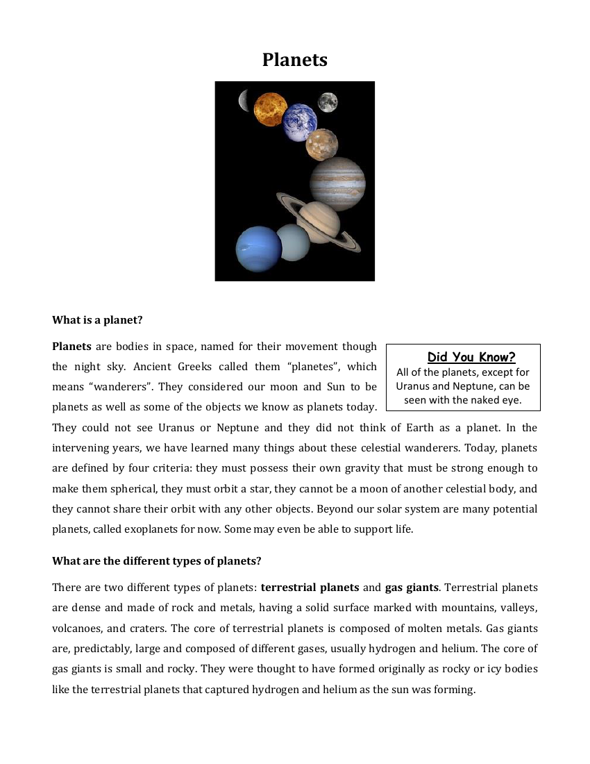 Planets - Reading with Comprehension Questions