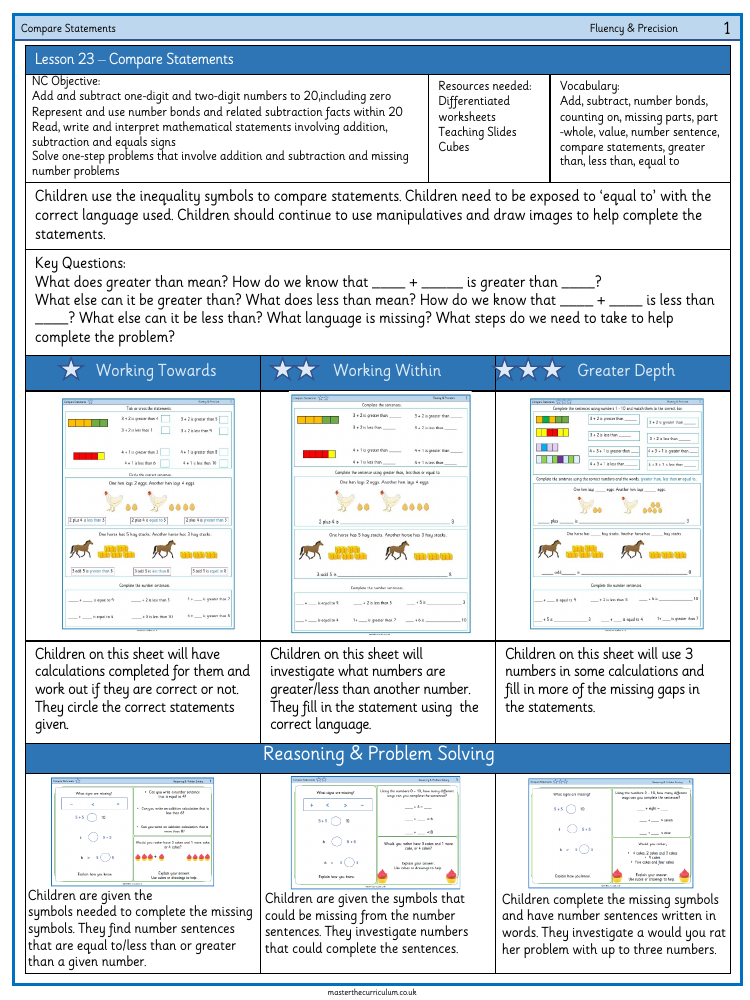 Addition and subtraction within 10 - Comparing statements - Worksheet