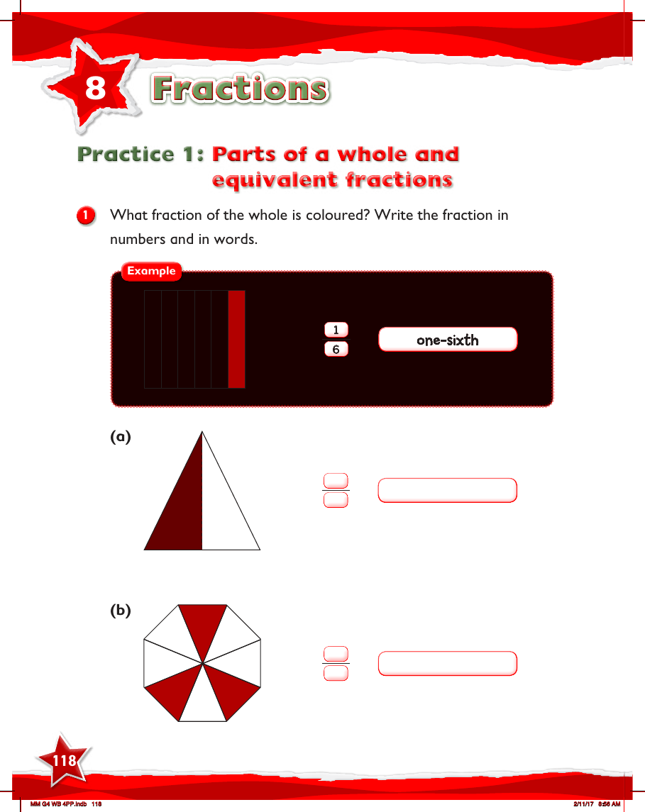 Max Maths, Year 4, Work Book, Parts of a whole and equivalent fractions