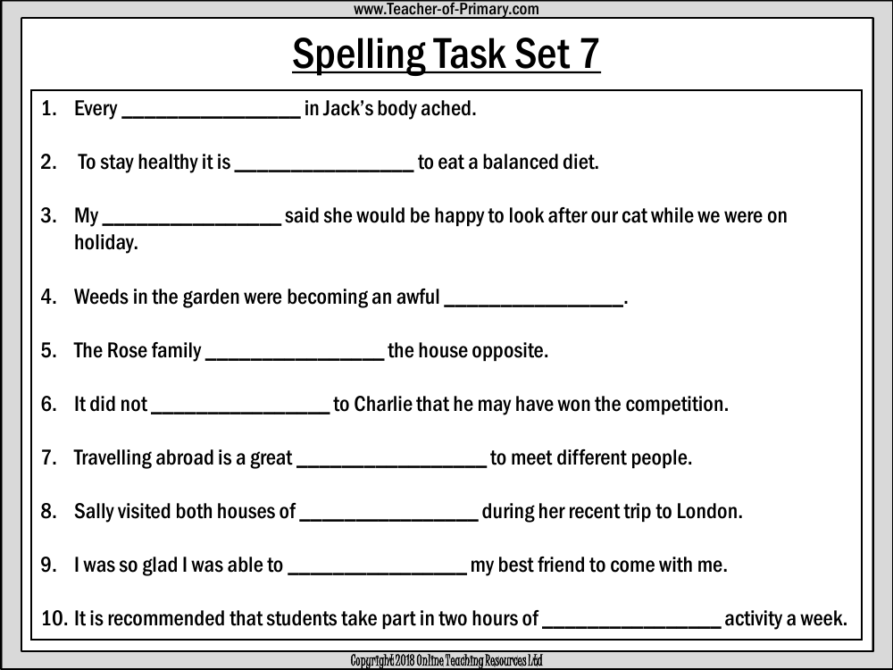 Spellings - Set 7 Worksheet