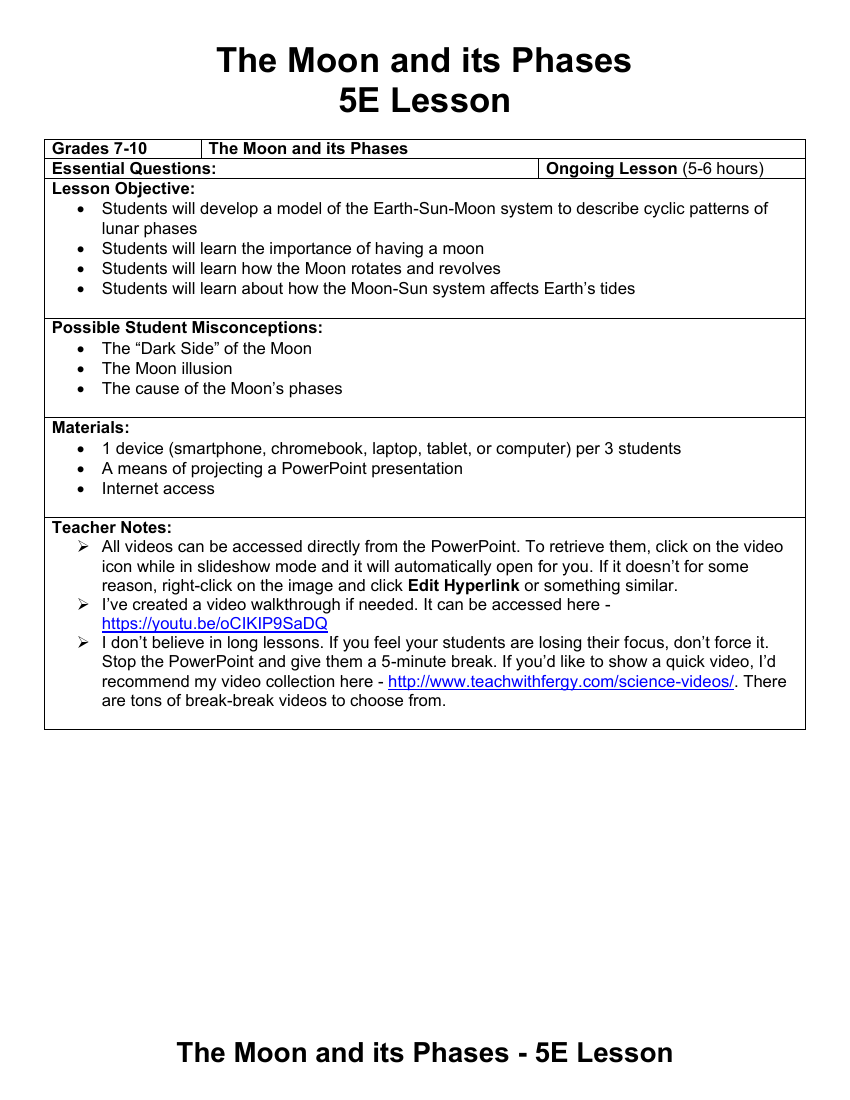 The Moon and its Phases - Teaching Timeline