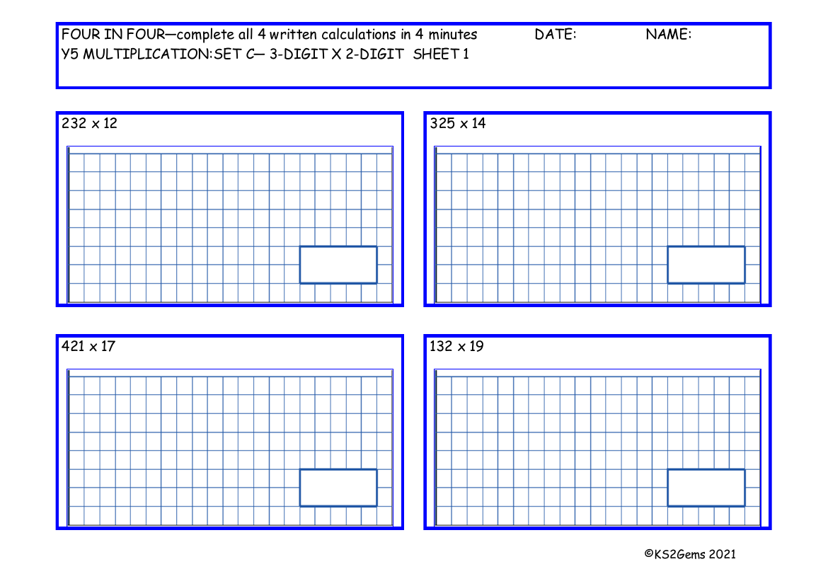 Four in Four Multiplication Set C 3 digit number x 2 digit number