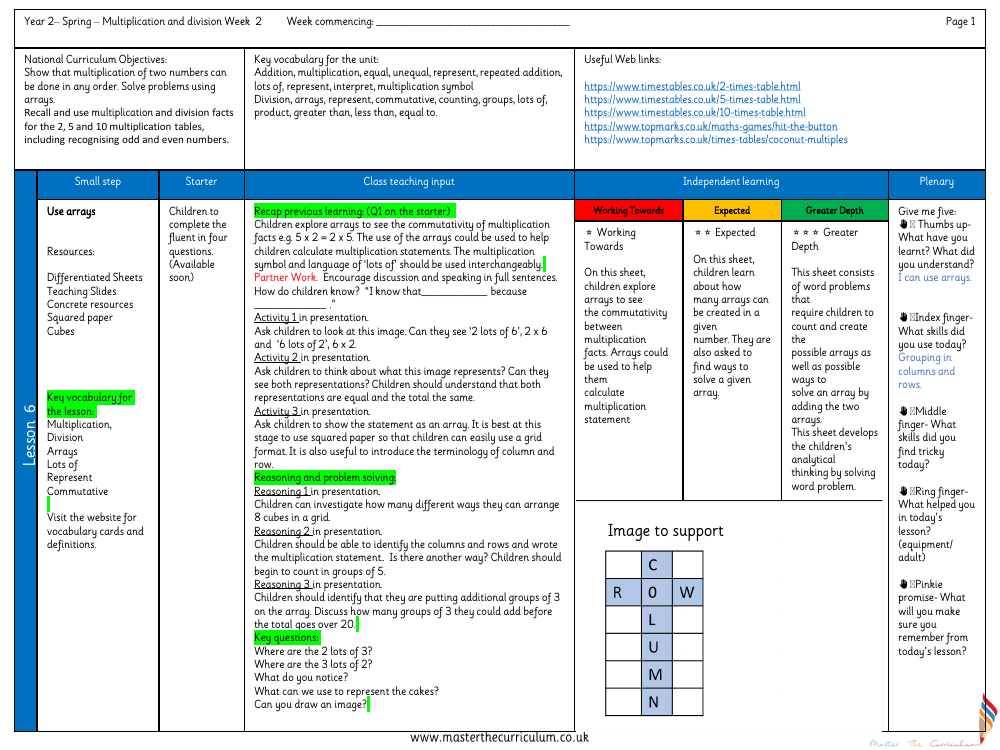 Multiplication and division - Use arrays - Planning