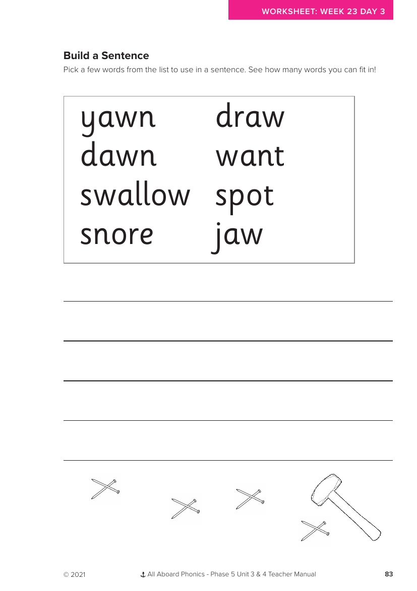 Week 23, lesson 3 Build a Sentence activity" - Phonics Phase 5, unit 3 - Worksheet
