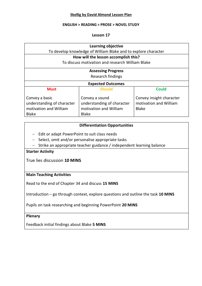 Skellig Lesson 17: Dr Death - Lesson Plan