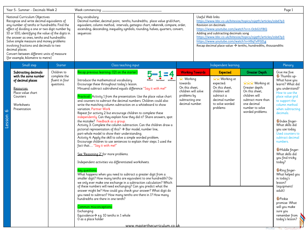 Decimals - Subtract Decimals with the same number of Decimal Places - Planning