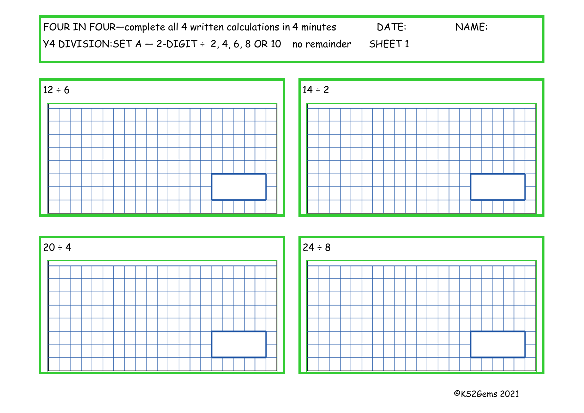 Four in Four -  Division Set A 2 digit number - 2, 4 6, 8 or 10 no remainder