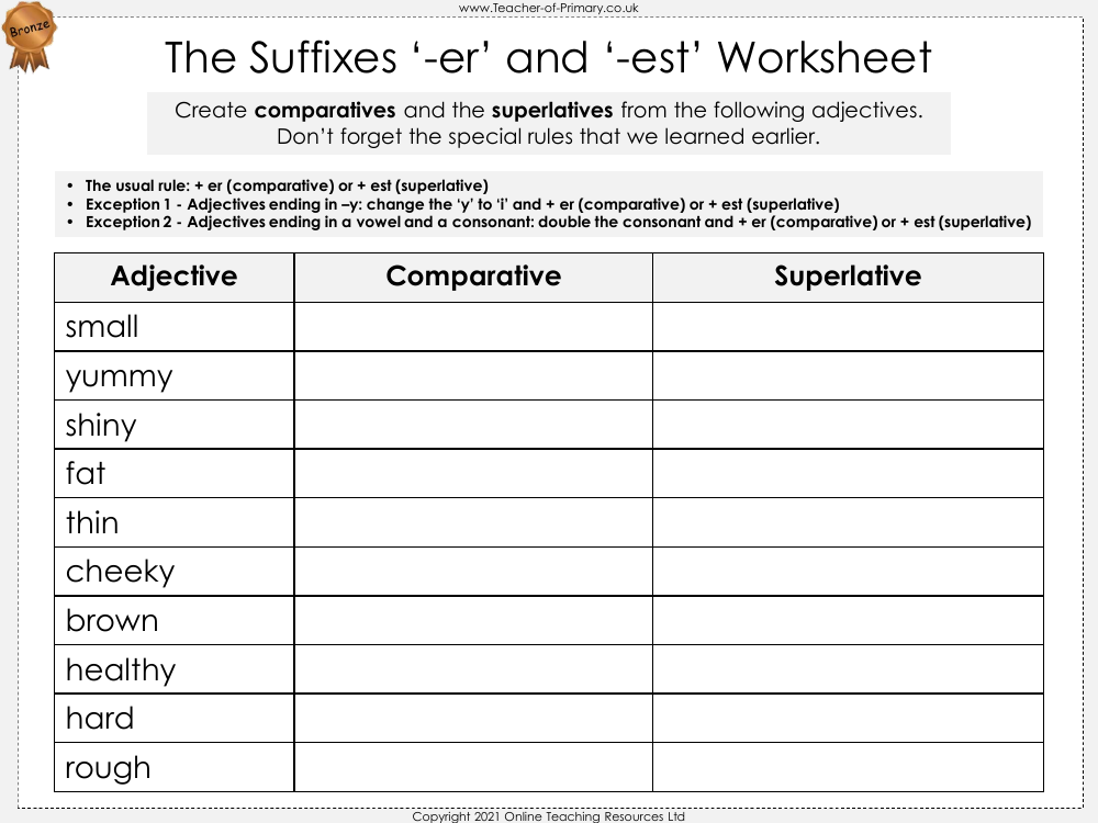 The Suffixes er and est Worksheet English Year 2