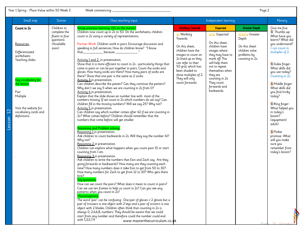 Place Value within 50 - Count in 2s 2 - Planning