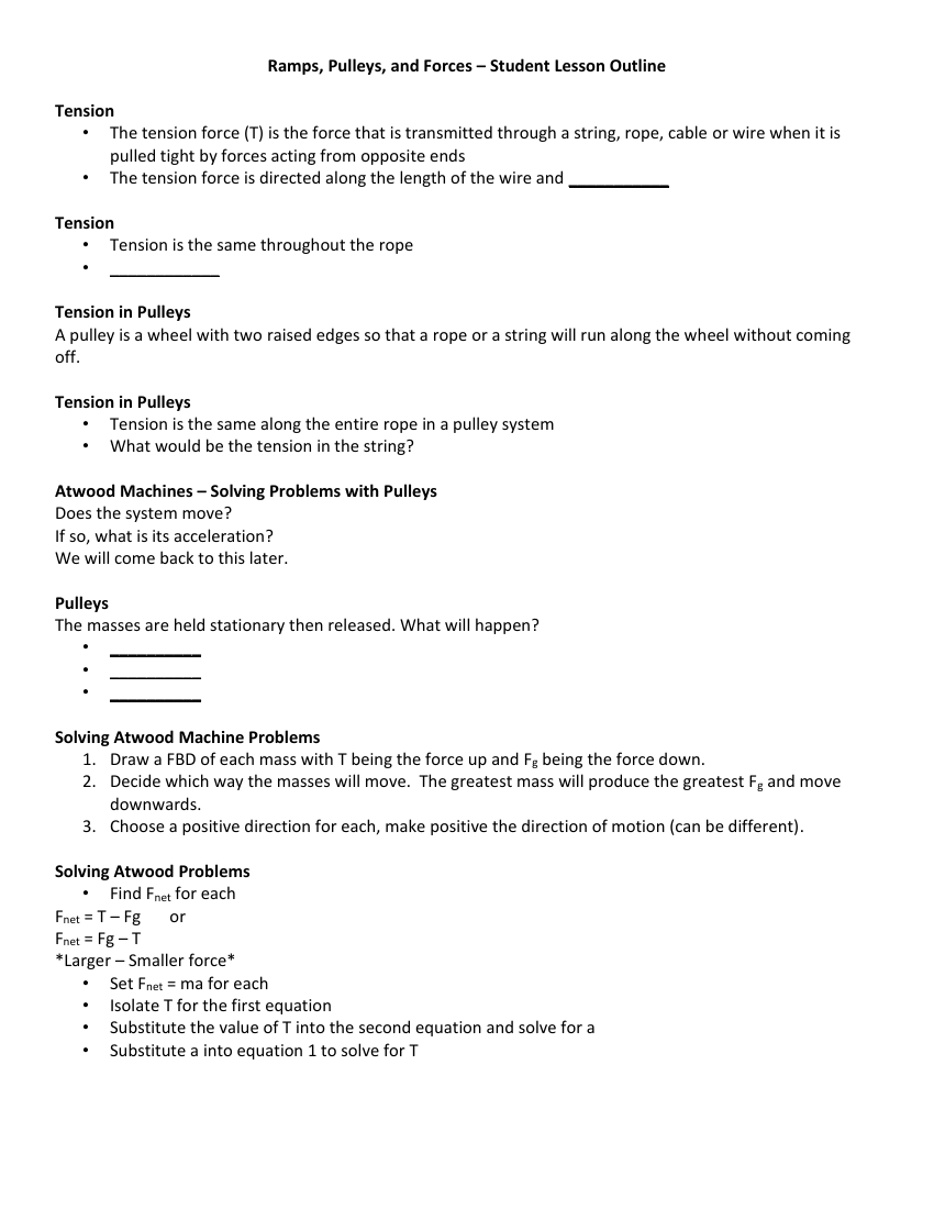 Ramps, Pulleys and Forces - Student Lesson Outline