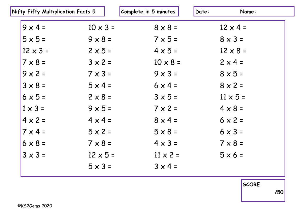 Nifty Fifty Multiplication Facts 5