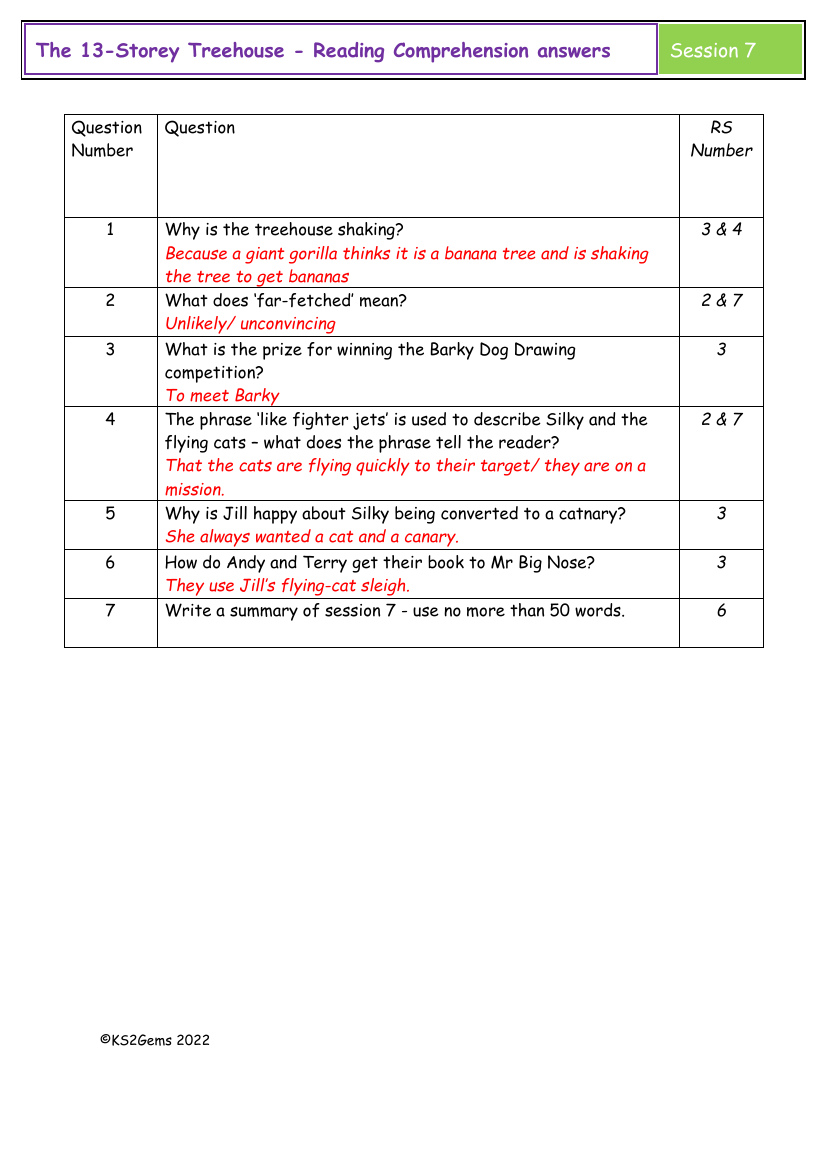 The 13-Storey Treehouse - Session 7 - Reading Comprehension answers