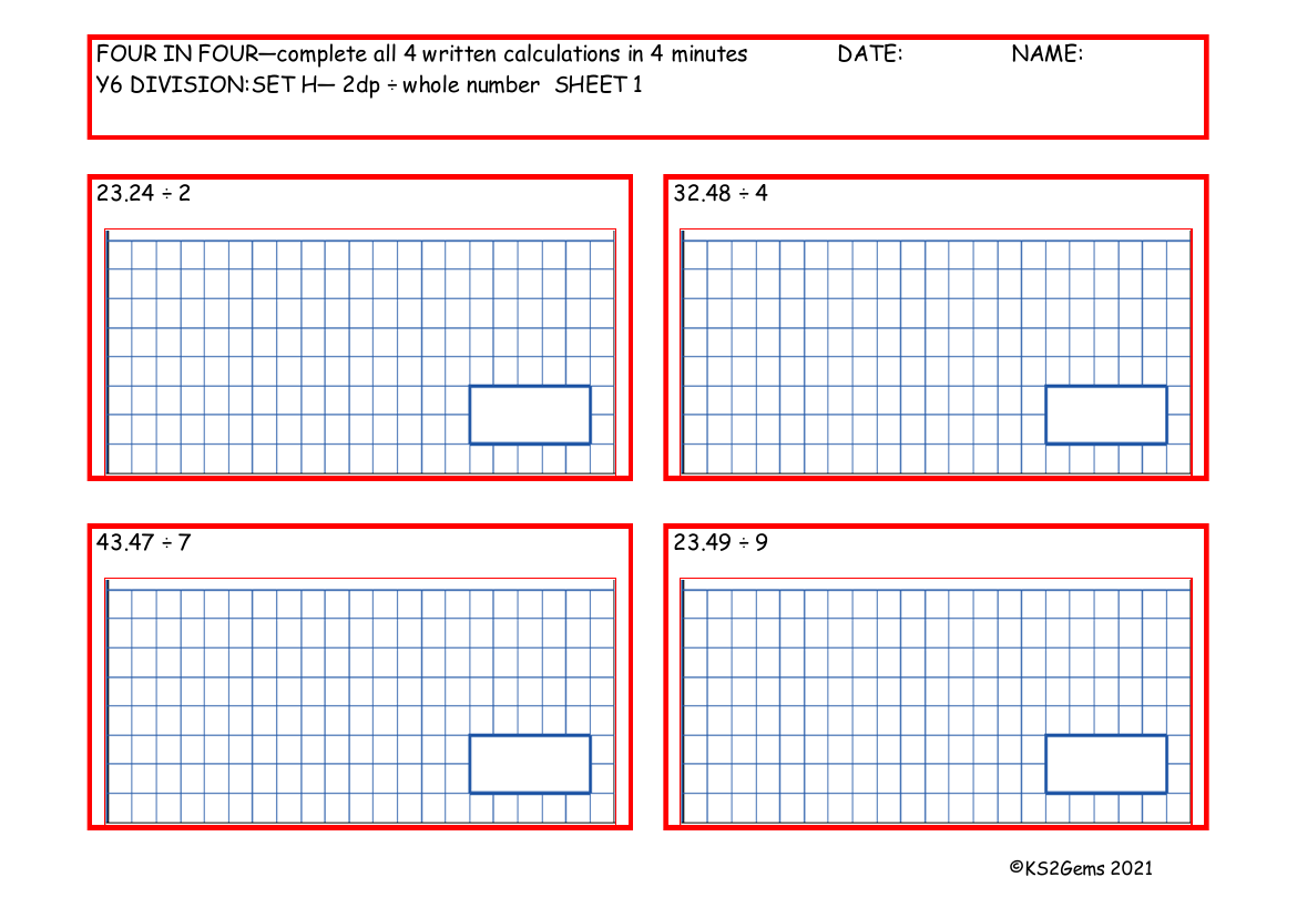 Four in Four - Division Set H 2dp - whole number