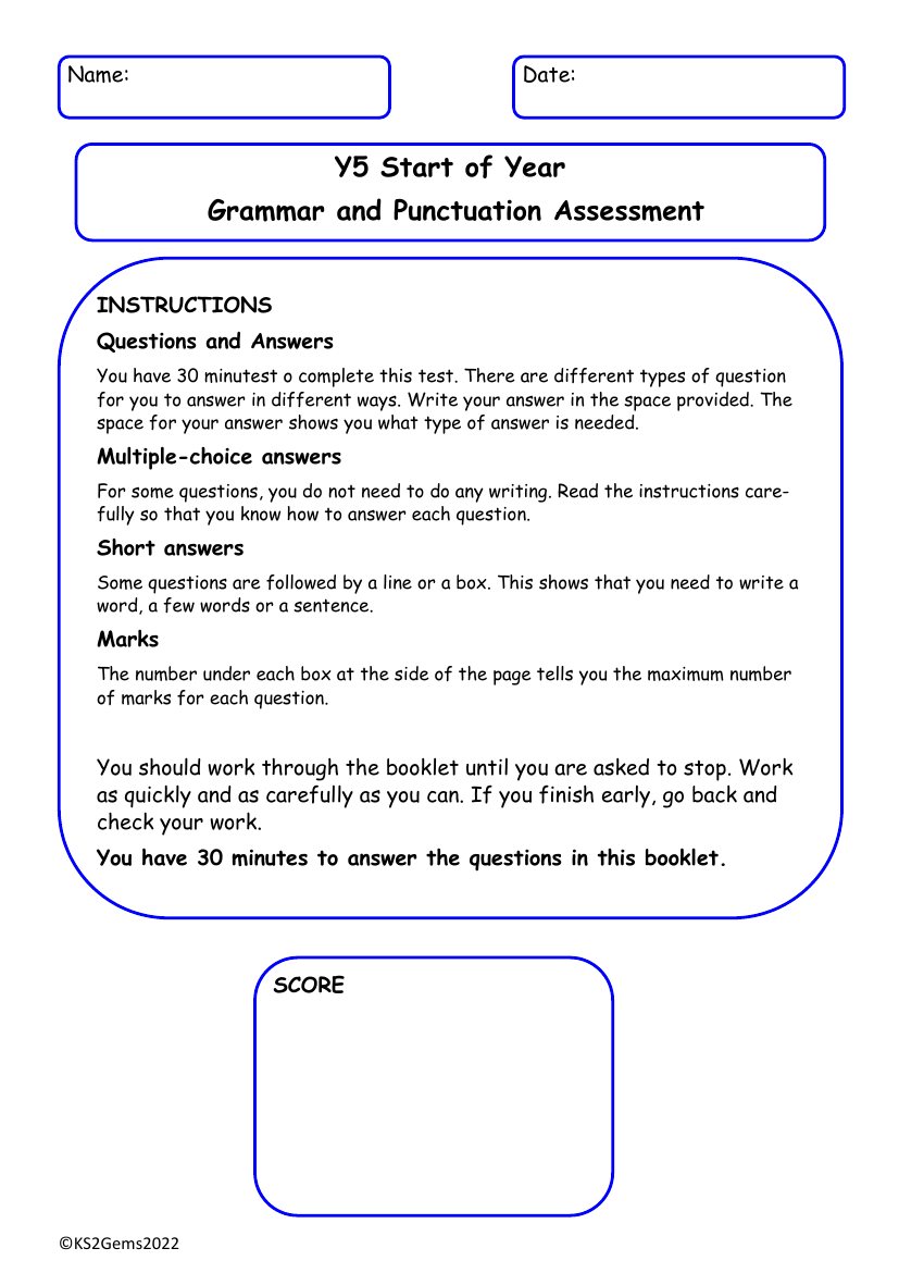 Start of Year Grammar and Punctuation Assessment Test