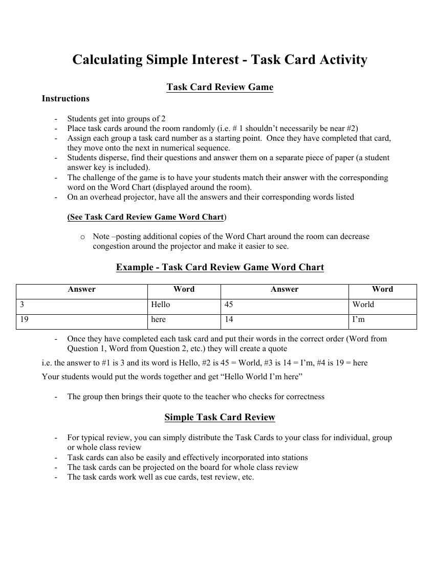 Calculating Simple Interest - Task Card Activity