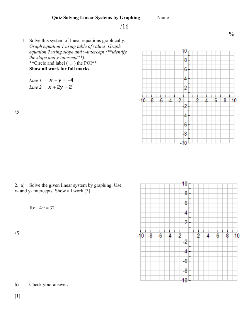 Solving Linear Systems by Graphing Quiz