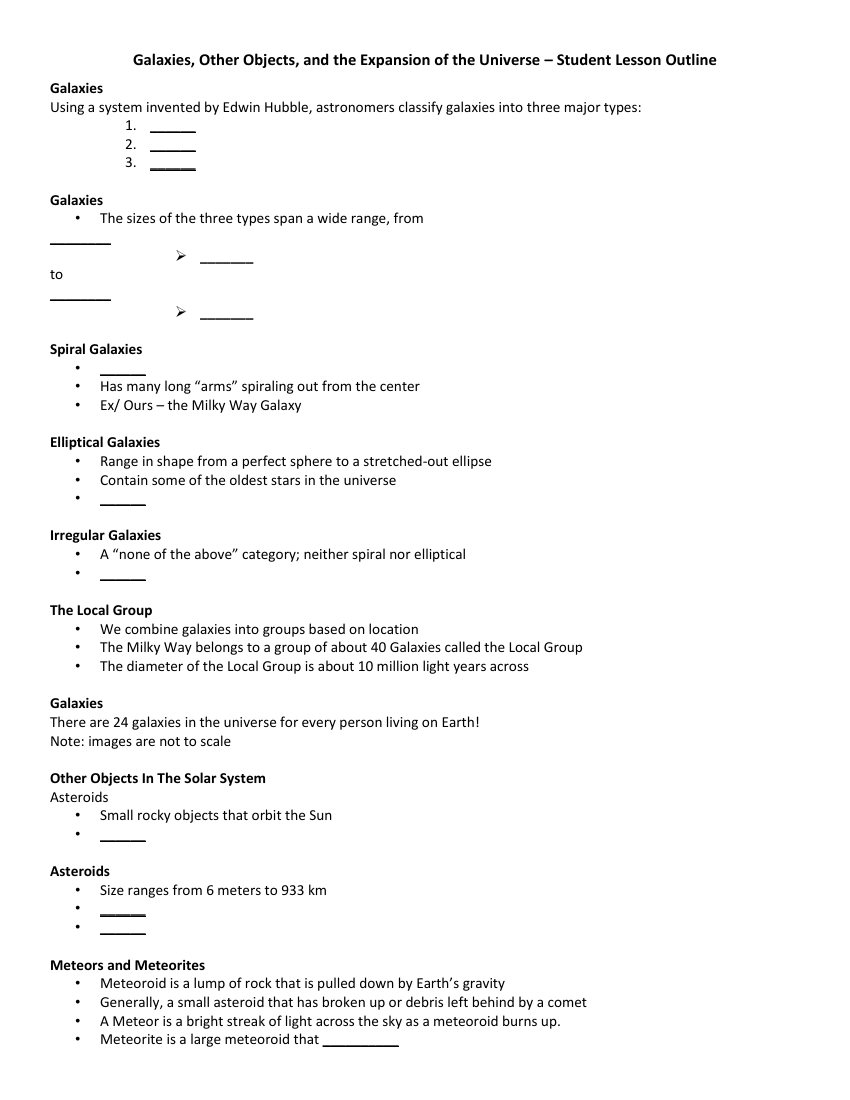 Galaxies, Other Objects and the Universe - Student Lesson Outline