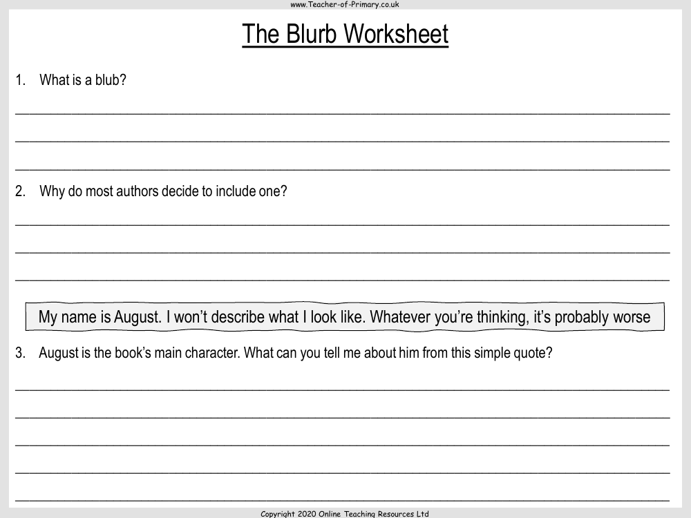 Wonder Lesson 1: Investigating the Text - The Blurb Worksheet