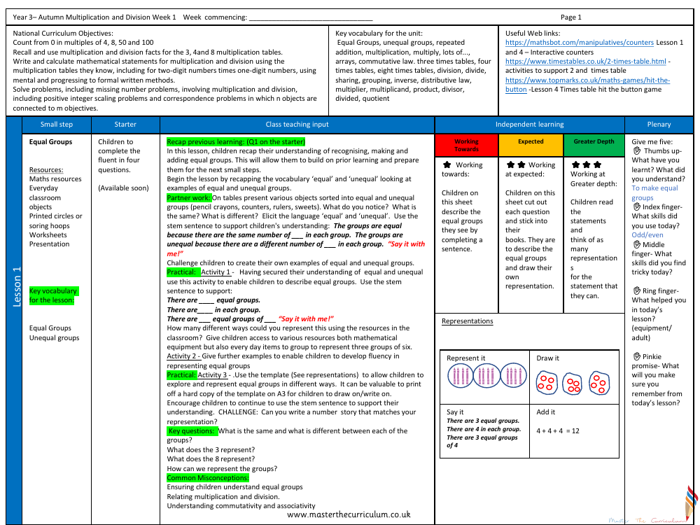 Multiplication and division - Multiplication equal groups - Planning