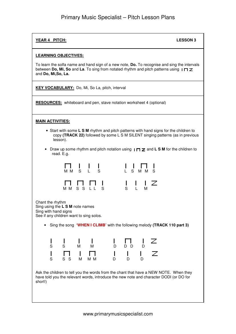 Pitch Lesson Plan - Year 4 Lesson 3