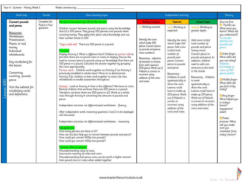 Money - Converting Pounds and Pence - Planning