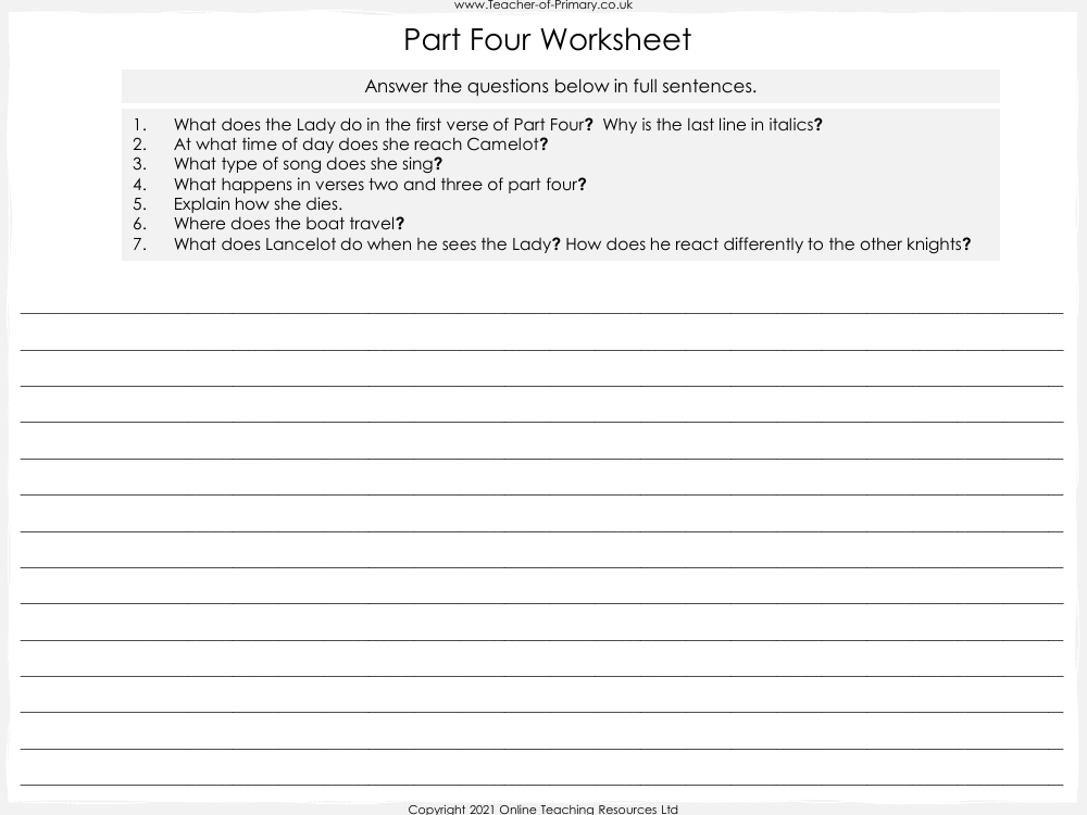 The Lady of Shalott - Part Four Worksheet
