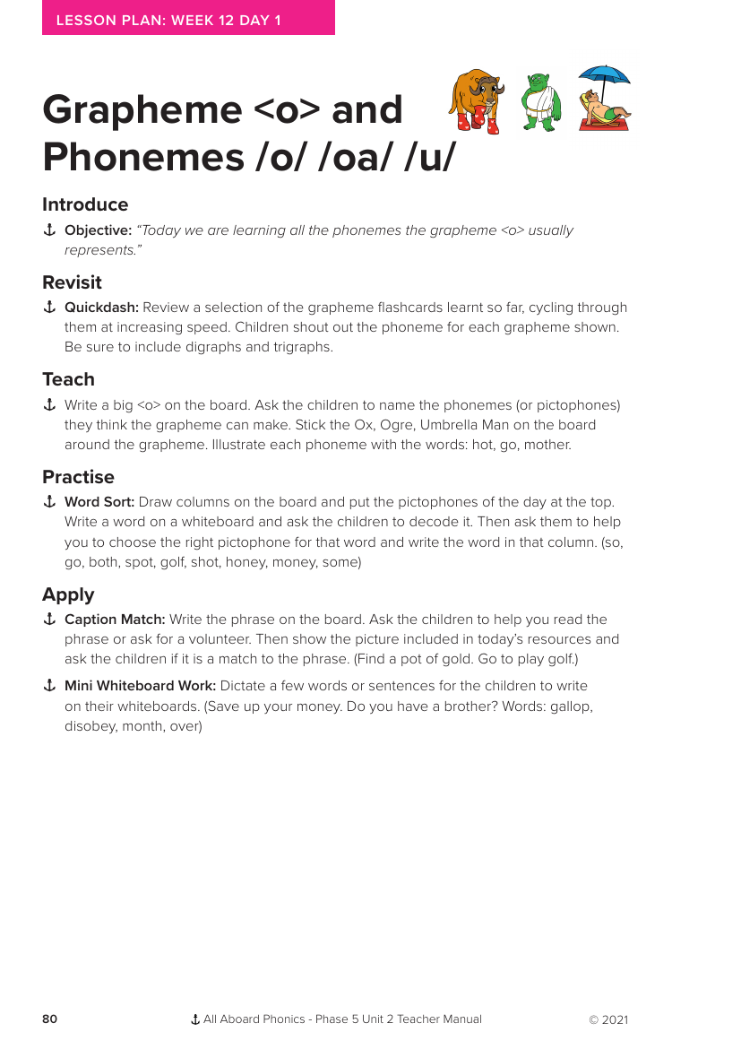 Week 12, lesson 1 Grapheme "o" and Phonemes "o,oa,u"- Phonics Phase 5, unit 2 - Lesson plan